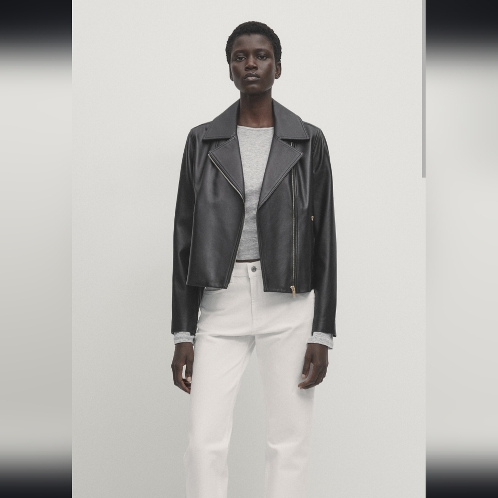 Massimo Dutti Nappa Black Leather Jacket Biker Size Xs Women's